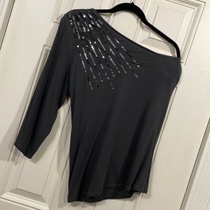 Party top! One shouldered soft dark grey tee with shower of sequins. NWOT!